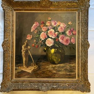 S975 Martwa natura z wazonem róż, Olej na płótnie, XX w.