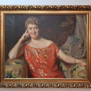 S989 Portret kobiety w czerwonej sukni, Olej na płótnie, XX w.