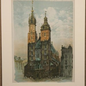 Ks27 Litografia barwna, Oryginał, Jan Kanty Gumowski ( 1883 - 1946), Widok kościoła Mariackiego w Krakowie, 1920r.