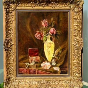 Ks319 Obraz, Oryginał, Anna Kolasiewicz (1860 - 1905), Róże w wazonie z pudełkiem na biżuterię, 1893r.