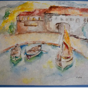 Ks527 Akwarela, Oryginał, Maria Melania Mutermilch/ Mela Muter (1876-1967), Port w Saint Tropez, 1920r.
