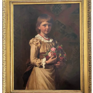 Ks601 Obraz, oryginał, Portret Dziewczynki z bukietem kwiatów, XIXw.