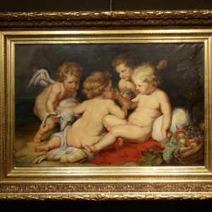 Ks816 Dzieci z aniołkiem, Duży olej na płótnie, XIX w.