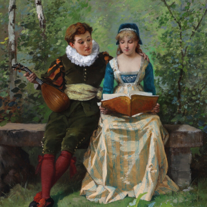 Ks884 Obraz, Oryginał, Zakochani w ogrodzie, XIXw.