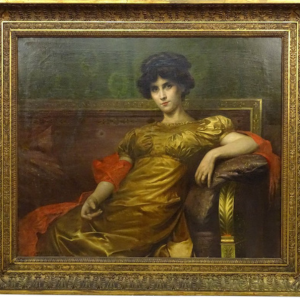 Ks945 Duży Obraz, Portret Kobiety w złotej sukni, XIXw.