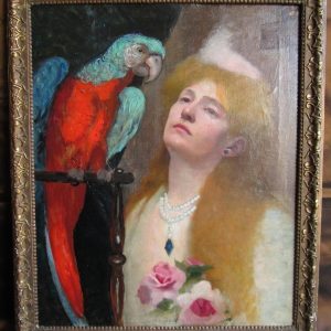S2296 Kobieta z papugą, Olej na płótnie, XIX w.