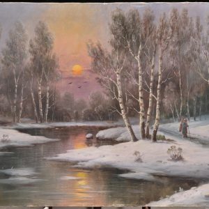 S2905 Zachód słońca w zimę w lesie, Olej na płótnie, XX w.