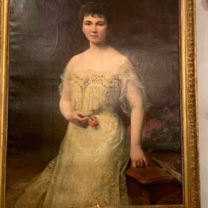 S3036 Dama z różą, Duży olej na płótnie, XIX w.