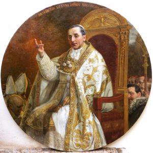 S723 Benedykt XV na papieskim tronie, Duży olej na płótnie, XX w.