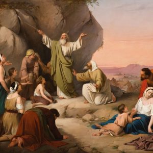 S3355 Mojżesz czerpiący wodę ze skały, Duży olej na płótnie, XIX w.