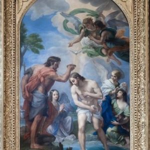 S947 Chrzest Pański, Duży barokowy olej na płótnie, XIX w.