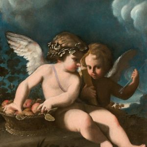 S2094 Dwa putta siedzące obok kosza owoców, Olej na drewnie, XVII w.