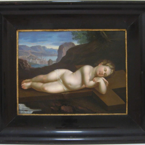 S25 Dzieciątko Jezus śpiące na krzyżu, Olej na panelu cynkowym, XIX w.