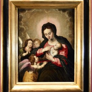S2134 Madonna z Dzieciątkiem i aniołami, Olej na drewnie, XVII w.