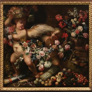 S3396 Martwa natura z cherubami, Duży olej na płótnie, XVII w.