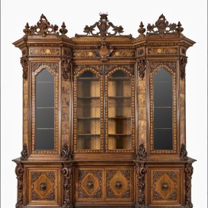 K14 XIX-wieczna rzeźbiona i inkrustowana biblioteczka