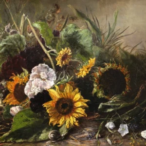 K70 Francuski obraz olejny w ramie, martwa natura z kwiatami słonecznika i ślimakiem.