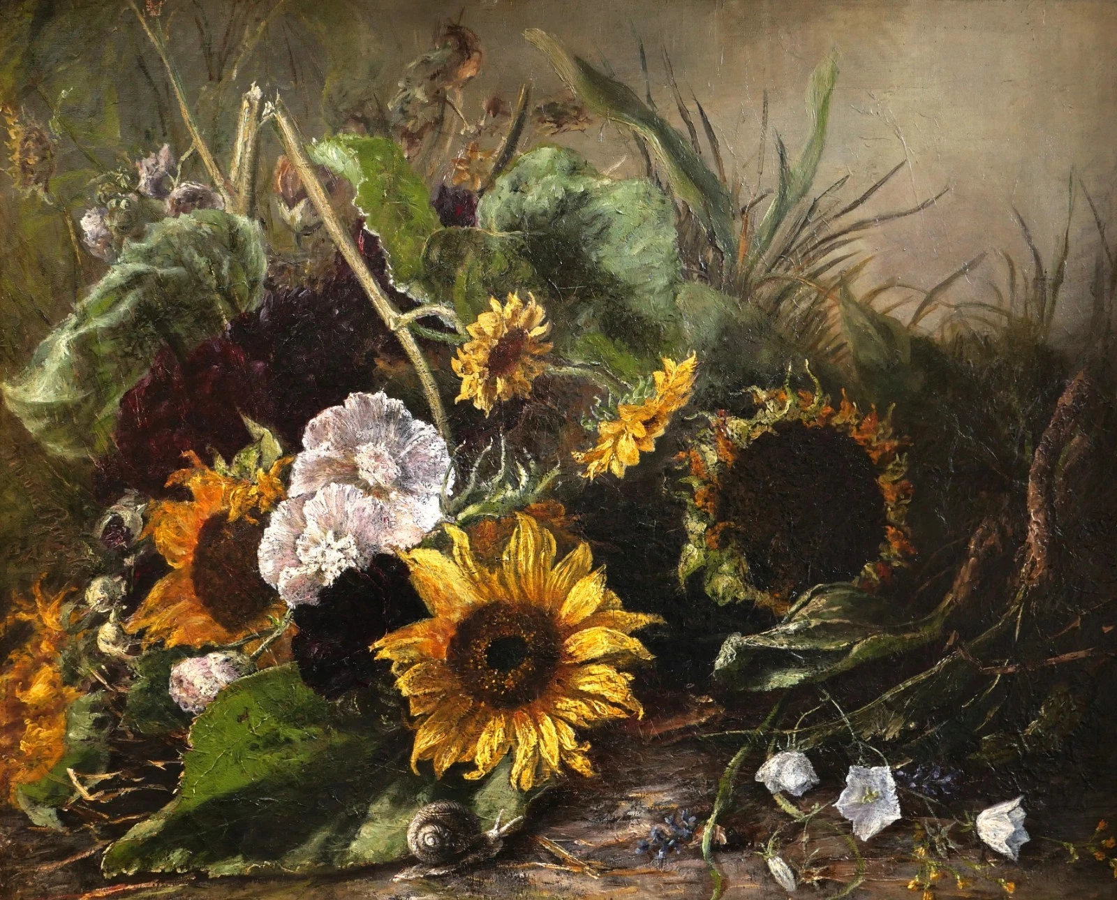 K70 Francuski obraz olejny w ramie, martwa natura z kwiatami słonecznika i ślimakiem.