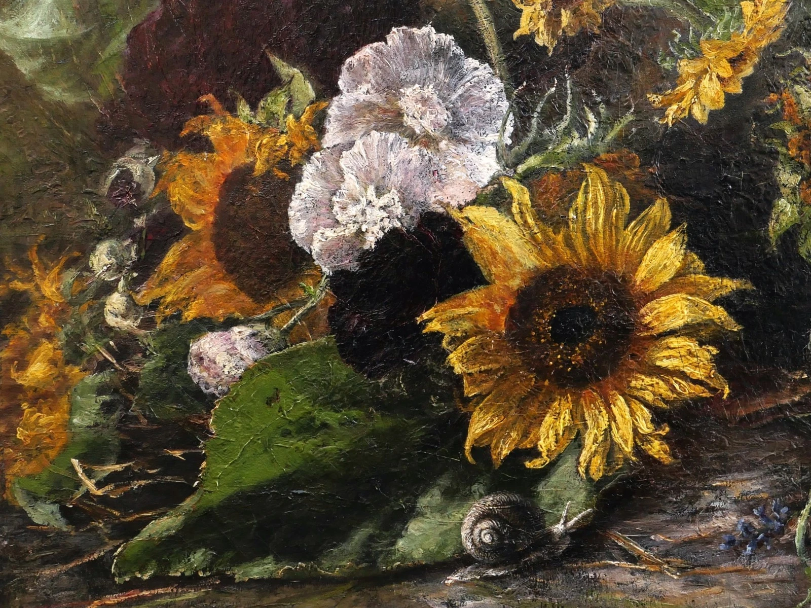 K70 Francuski obraz olejny w ramie, martwa natura z kwiatami słonecznika i ślimakiem. - obrazek 2