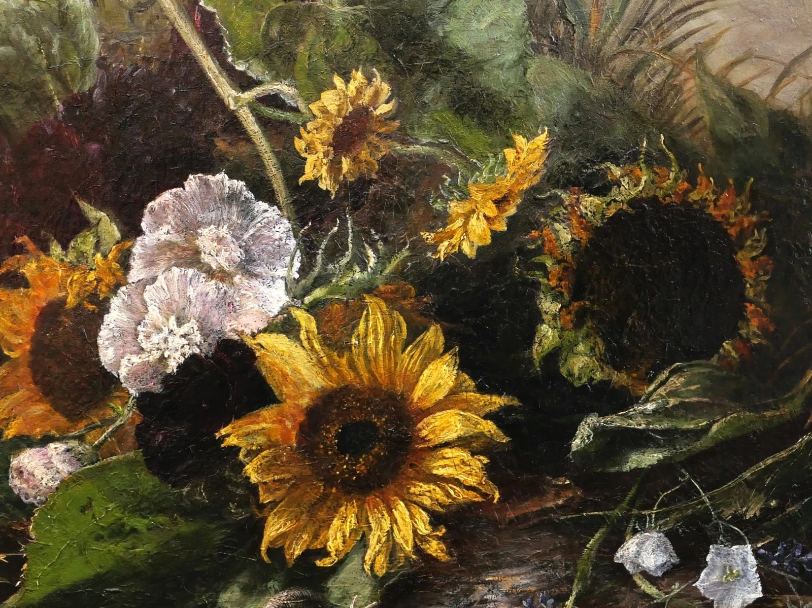 K70 Francuski obraz olejny w ramie, martwa natura z kwiatami słonecznika i ślimakiem. - obrazek 3