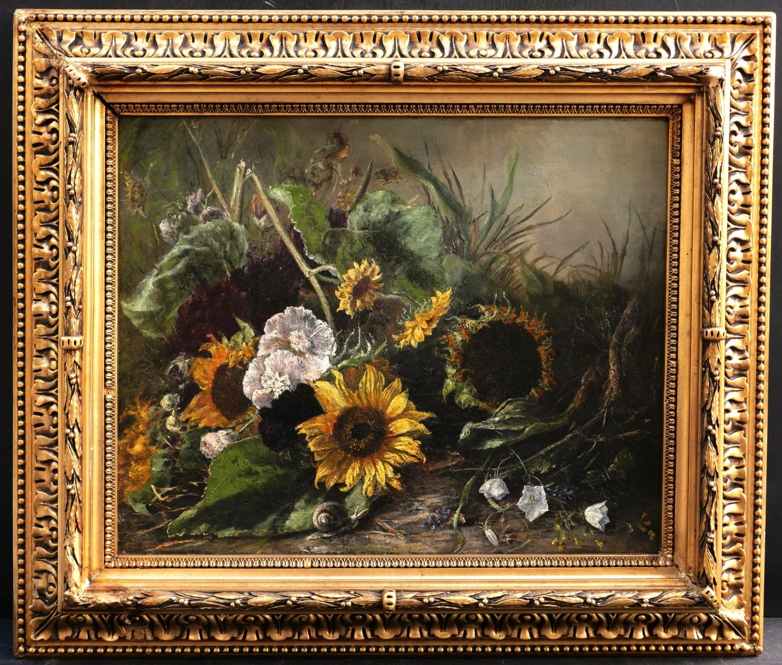K70 Francuski obraz olejny w ramie, martwa natura z kwiatami słonecznika i ślimakiem. - obrazek 5
