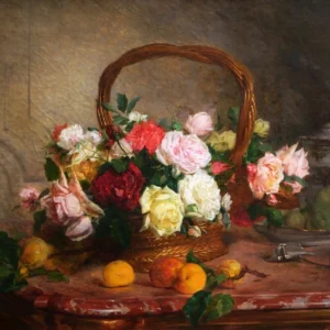 K98 Francuski olejny obraz w ramie, martwa natura, kwiaty, owoce, róże, kosz, marmur