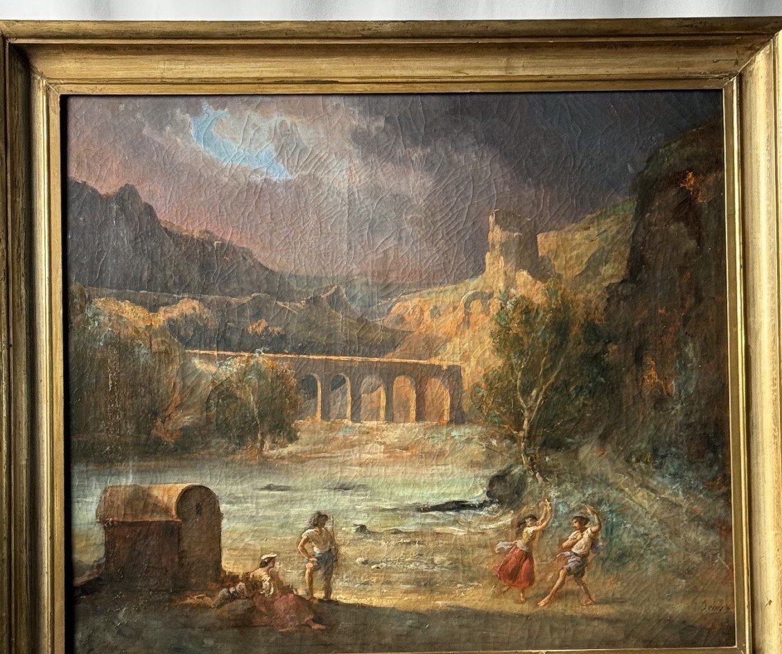 K796 Obraz Olejny - Tancerze pod burzą przy moście