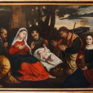 S2137 Pokłon pasterzy ze Świętymi Franciszkiem i Katarzyną, Duży olej na płótnie, XVI w.